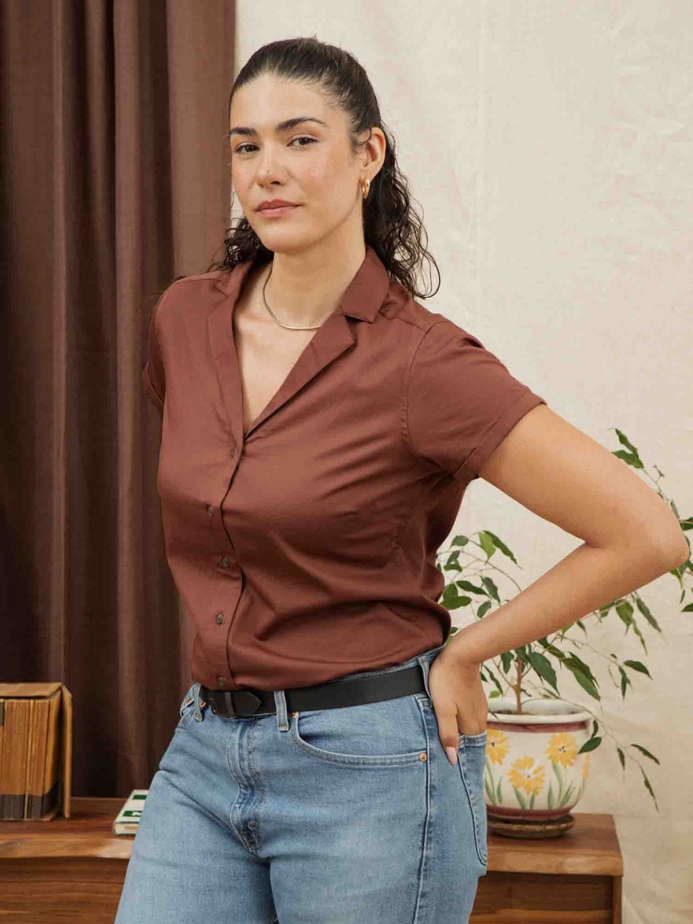 Bridge & Burn Copper Brown Tencel Linen Short Sleeve Button Up Shirt Size XL